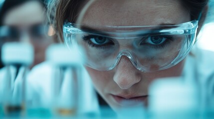 A determined scientist in protective eyewear examines samples in a laboratory, symbolizing the pursuit of knowledge and discovery in the field of science.