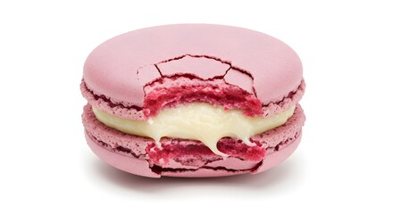 Close-up of a bitten macaron revealing creamy filling, isolated on white with copy space.