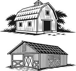 Old country farm house black and white vector illustration with a snow-covered roof and windows