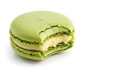 Close-up of a bitten macaron revealing creamy filling, isolated on white with copy space.