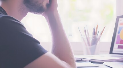 Businessman sitting at desk with laptop and smartphone while managing work tasks efficiently