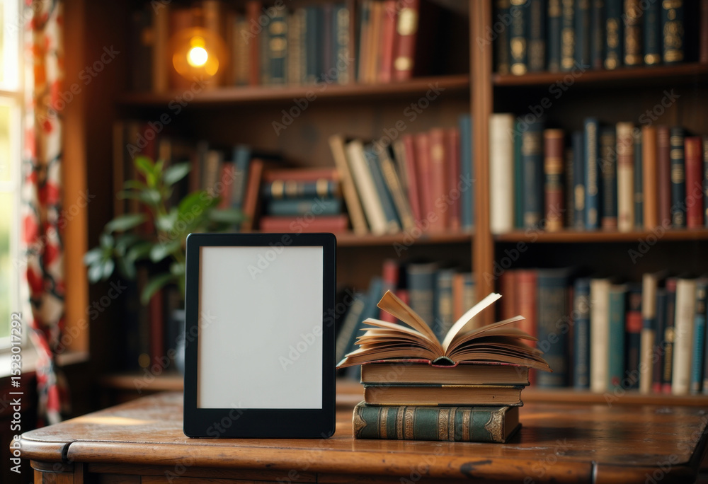 Poster e-reader and open books on a wooden table in a cozy library setting