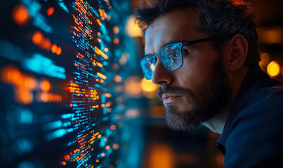 Focused software developer analyzing complex code on transparent digital screen in dark high-tech environment with glowing lines and data visualization reflection in glasses