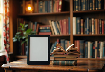 E-reader and open books on a wooden table in a cozy library setting