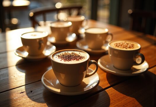 Warm cups of coffee with frothy milk and spices on a wooden table