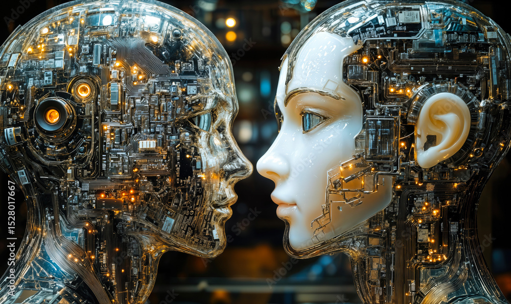 Poster futuristic humanoid robotic heads facing each other with intricate electronic circuits and glowing l