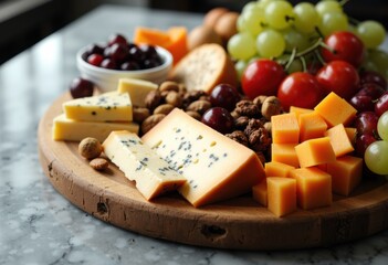 Assorted cheeses, grapes, and nuts arranged on a wooden platter for a cheese board display