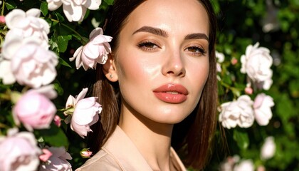 Young woman with long hair surrounded by blooming pink roses in a lush garden, natural light illuminates her face