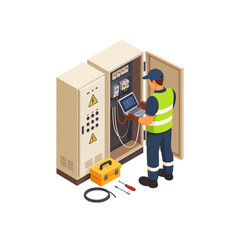 Skilled electrician troubleshooting electrical system inside a control panel using a laptop.  He is wearing safety gear and has tools nearby.  Ideal for industrial, energy, or electrical safety conten