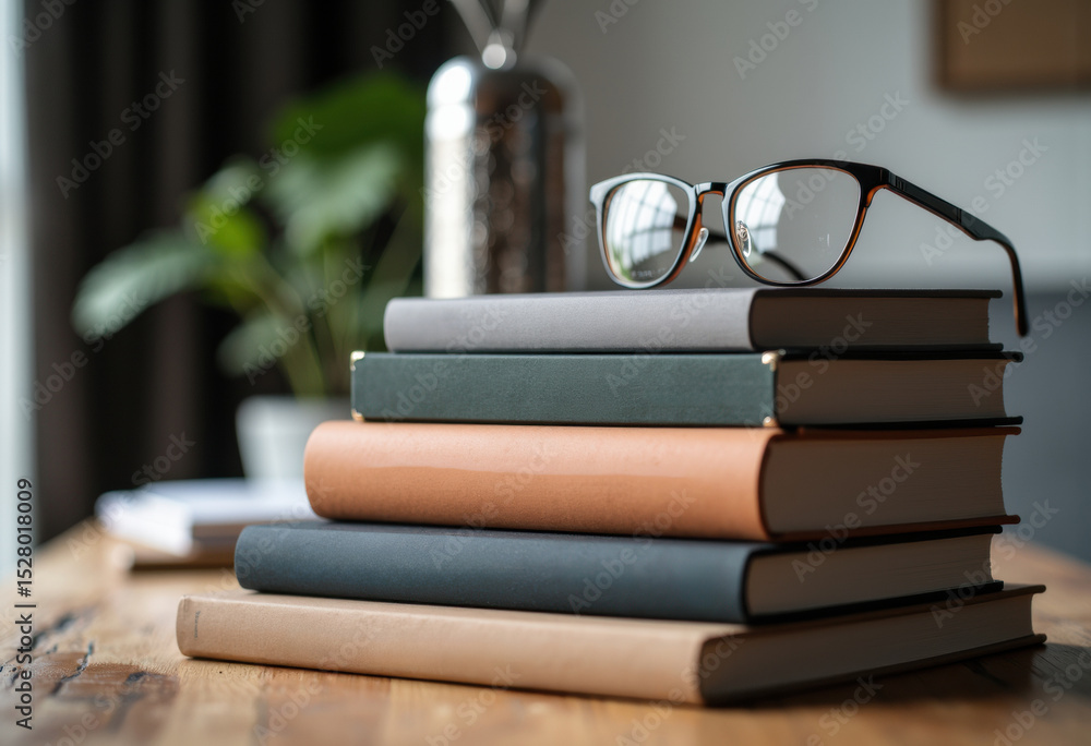 Poster stylish glasses resting on a stack of colorful books in a cozy setting