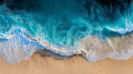Aerial View of a Blue Ocean Wave Breaking on a Sandy Beach ,ai