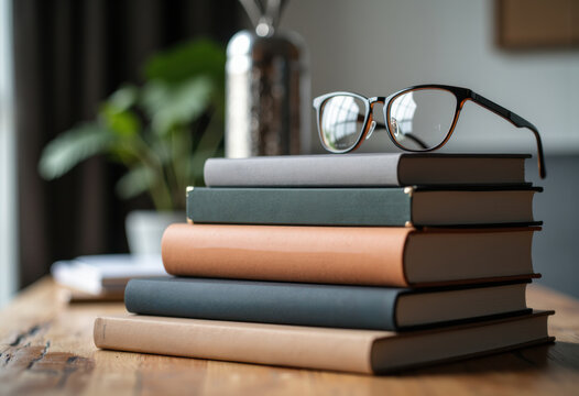 Stylish glasses resting on a stack of colorful books in a cozy setting