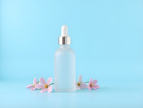 Transparent Cosmetic Bottle Mockup on Blue Background with Delicate Pink Flowers -