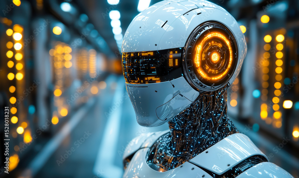 Poster futuristic humanoid robot with glowing orange eye circuits in high-tech illuminated corridor represe