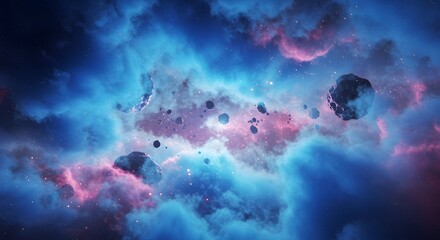 Fototapeta premium Fantasy universe with floating asteroids, blue gas clouds, and cosmic particles, surreal space art.