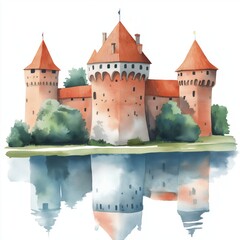 Trakai Island Castle. Trakai Island Castle hand drawn watercolor illustration