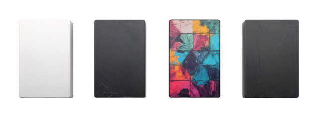 A set of three different colored paintings