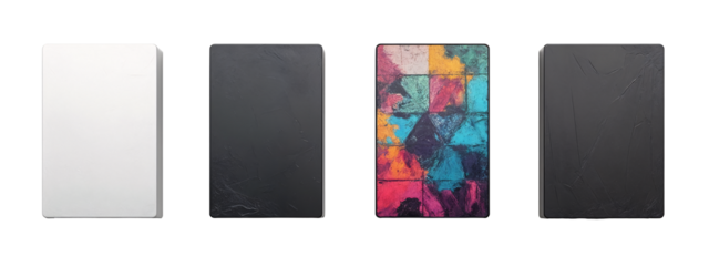 A set of three different colored paintings