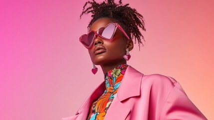 A confident model showcases striking fashion with vibrant pink attire and unique heart-shaped sunglasses, representing contemporary style that exudes boldness and individuality in modern aesthetics.