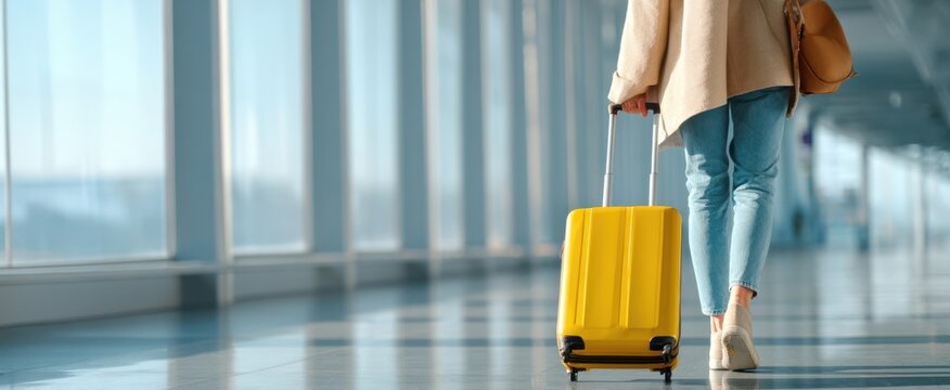 The stylish traveler walking with a yellow suitcase in an airport terminal.