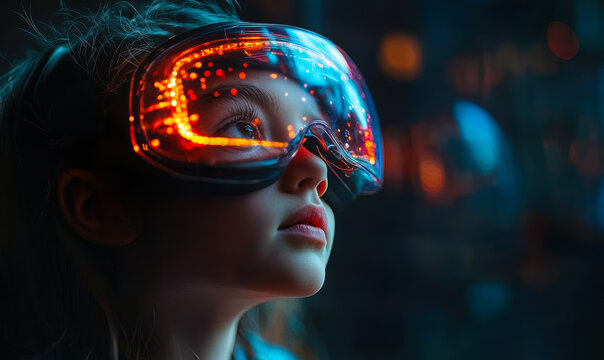 Close-up of child wearing futuristic glowing VR headset with digital interface lights in dark room, immersive technology experience