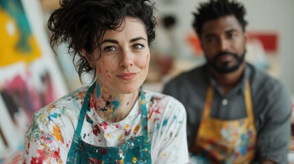 Two artists engage in their creative process within a vibrant art studio filled with colors. Their playful, paint-splattered attire reflects their passion for artistic expression.