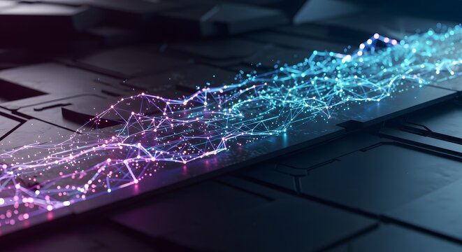 AI-generated data flow in the form of glowing neural network nodes, futuristic tech background.

