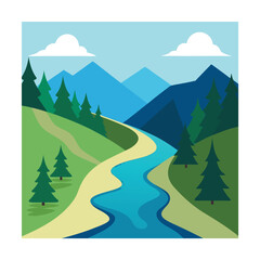 Fototapeta premium Mountain Valley River with Pine Trees – Flat Nature Illustration