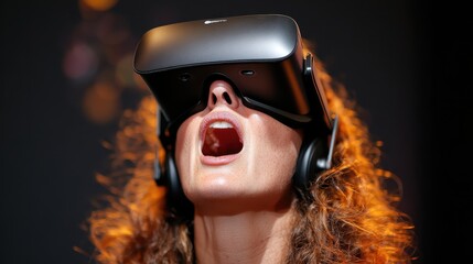 A woman wearing a VR headset expresses amazement, showcasing the immersive nature of virtual reality technology and its impact on human experiences in entertainment.