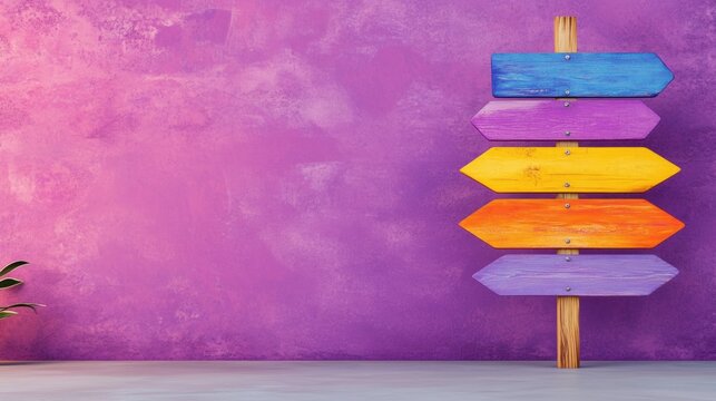 Colorful directional signs against a vibrant purple wall in a modern setting