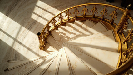 Fototapeta premium Elegant gold spiral staircase marble steps sunlit interior design