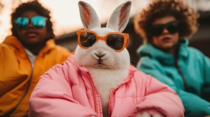 A fashionable rabbit wearing sunglasses poses with two kids dressed in colorful jackets, capturing a whimsical moment filled with humor and youthful spirit.