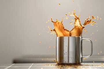 Detailed Color Picture of Frothy Liquid Poured Into Steel Coffee Mug