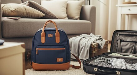 Packed suitcase and blue leather-accented backpack in cozy living room