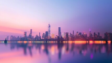 Fototapeta premium Stunning panoramic view of the New York City skyline at sunrise, reflecting on calm water. Modern architecture, urban landscape, cityscape.