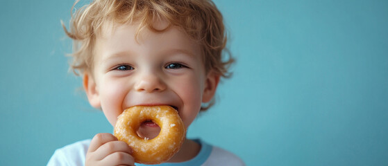 A child eating a donut with a smile conveys the joy and carefree nature of childhood.