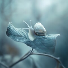 A close-up view of a snail on a leaf capturing the intricate details of its and surroundings