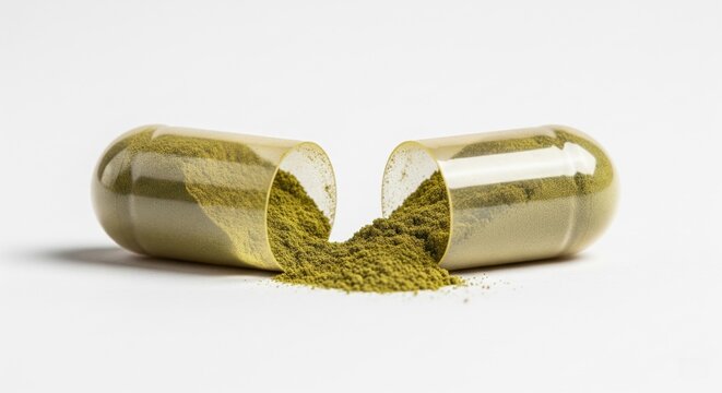 Open transparent capsule spilling green powder on white background