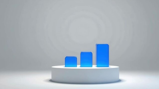 A 3D blue bar chart with three ascending columns standing on a round white pedestal against a plain background.