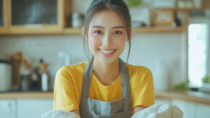 Woman in kitchen apron smiling, cooking blogs and kitchenware ads.
