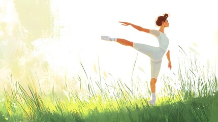 Woman demonstrating an advanced yoga pose in a scenic field embraced by nature's beauty