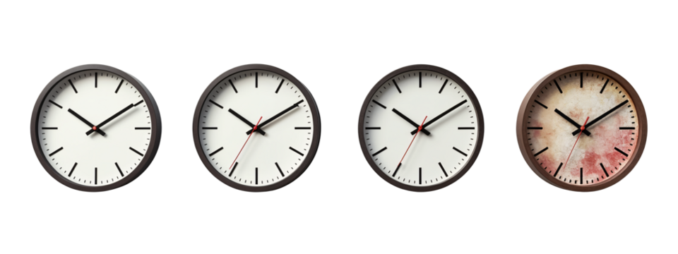 A set of three clocks with different colored faces