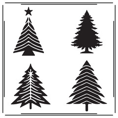 Modern Christmas Tree Silhouette Vector Set – Minimal Black Holiday Tree Icons with Stars and Bold Shapes, Perfect for Cards, Crafts, Stickers, 
