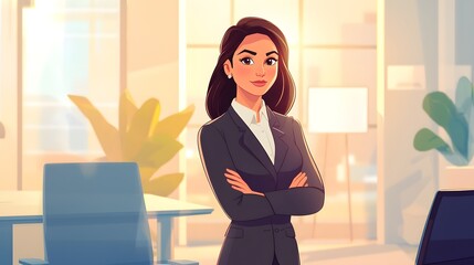 Professional businesswoman in a suit standing confidently in a modern office environment