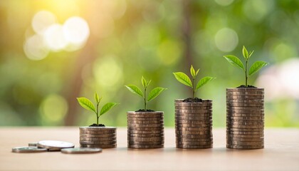 financial inclusion banking concept growing plants on stacks of coins representing financial success