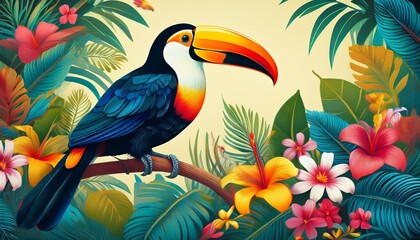 colorful toucan perched on a branch surrounded by lush tropical leaves and delicate flowers nature illustration