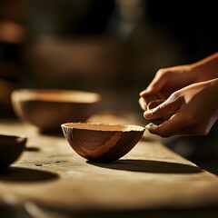Close-up of person's hands gently holding a beautifully crafted wooden bowl with care and love