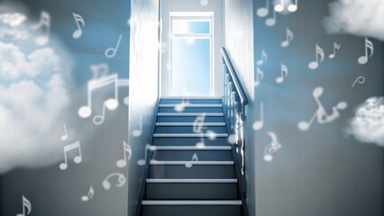 A staircase leads up toward a bright window, surrounded by floating musical notes and soft clouds, creating a dreamy, surreal atmosphere.