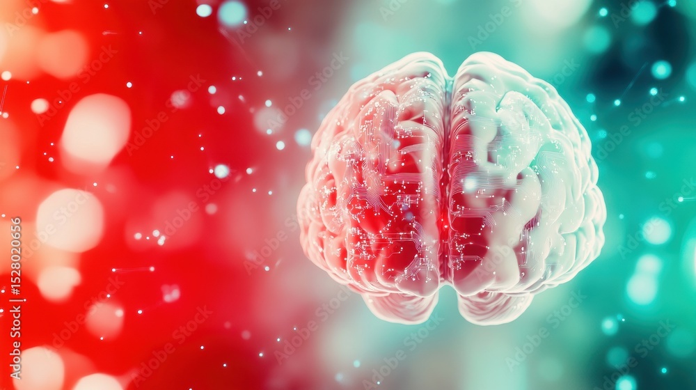 Poster conceptual representation of a human brain in a colorful digital environment