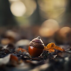 Small acorn nestled amongst leaves on the ground in a forest setting symbolizing new beginnings